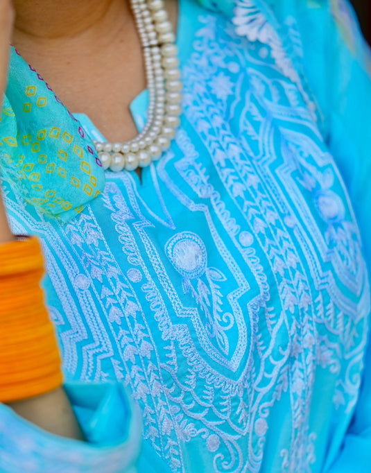 Aqua Blue Aari Embroidered Suit with Organza Dupatta