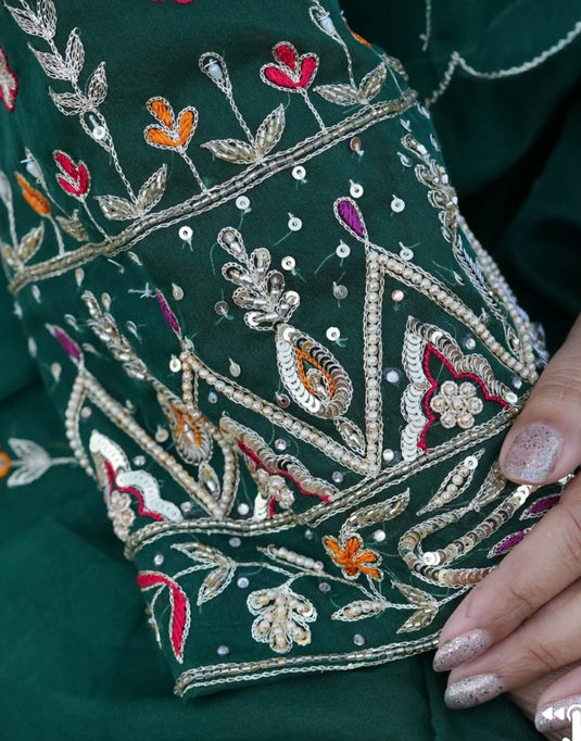 Aimal Dark Green Organza Aari Hand-Embroidered Outfit