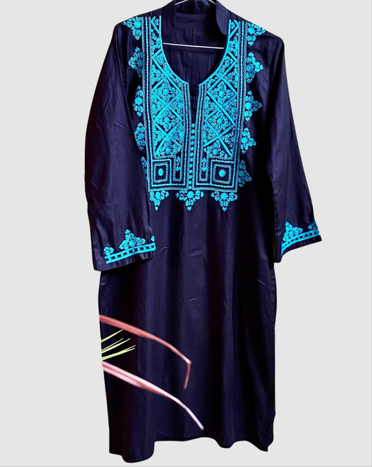 Women’s Blue Kurti with Turquoise Aari Resham Embroidery