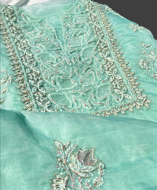Elegant turquoise green aari chikankari hand Embroidery Suit Ready to ship
