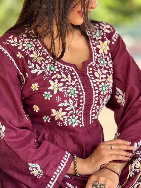 Maroon kurti top Aari chikankari hand embroidered - Similar available