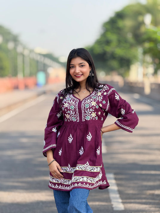 Maroon kurti top Aari chikankari hand embroidered - Similar available