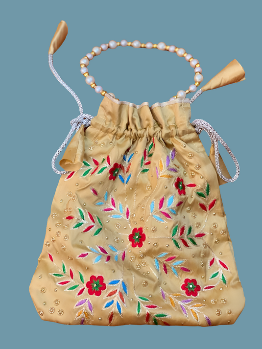 Golden Aari hand Embroidered Potli Bag with Multicolor Floral Detailing