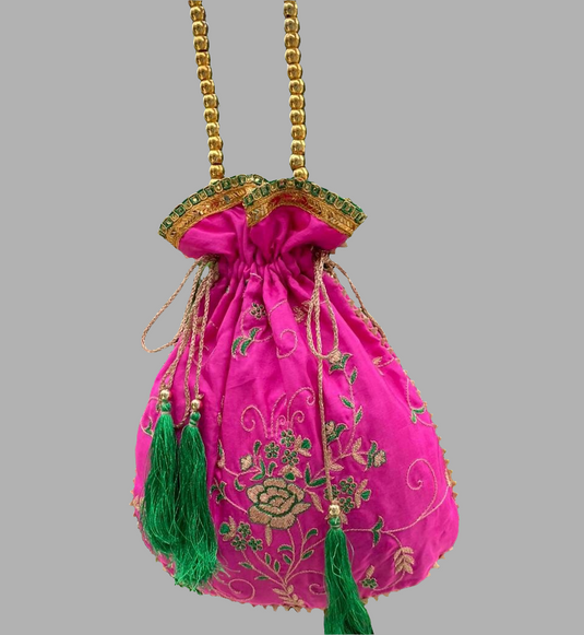 Hot pink Aari hand Embroidered Potli Bag with golden and green resham Detailing