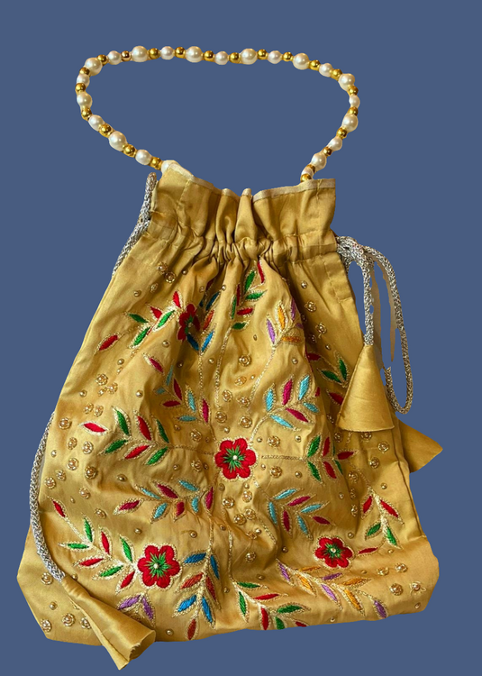 Golden Aari hand Embroidered Potli Bag with Multicolor Floral Detailing