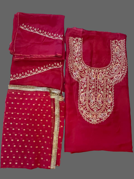 Pretty cherry red Aari zari hand Embroidery Suit