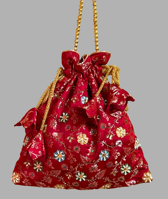 Red broket Aari hand Embroidered Potli Bag with Multicolor Floral Detailing - Similar available