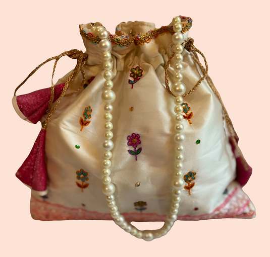 Cream Aari hand Embroidered Potli Bag with Multicolor Floral Detailing