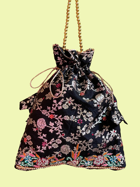 Black broket Aari hand Embroidered Potli Bag with Multicolor Floral Detailing