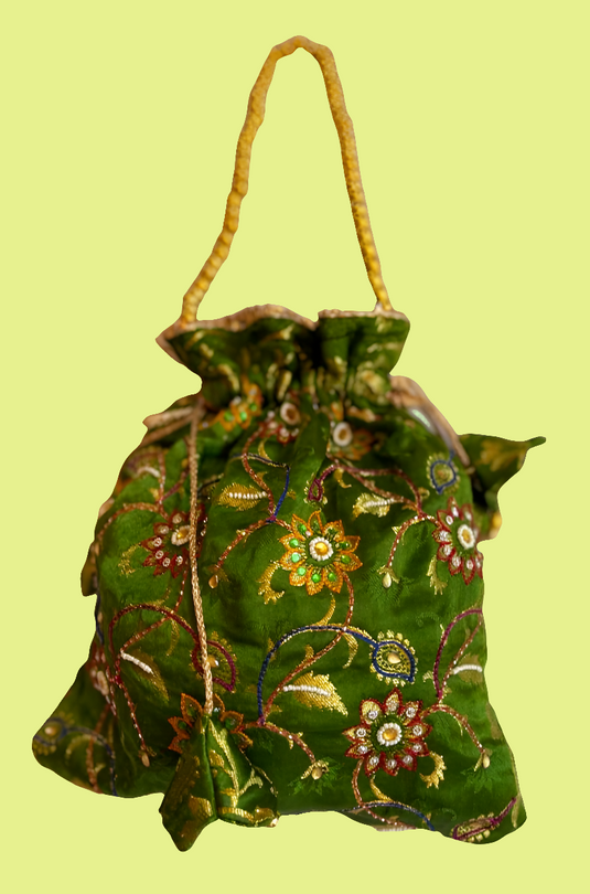Green broket Aari hand Embroidered Potli Bag with Multicolor Floral Detailing - Similar available