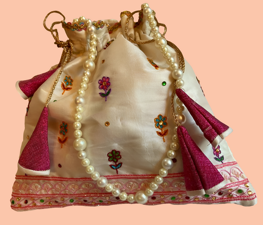 Cream Aari hand Embroidered Potli Bag with Multicolor Floral Detailing
