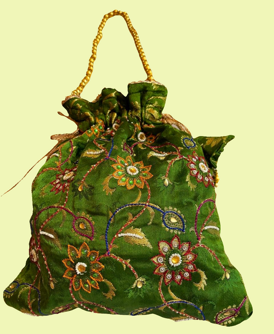 Green broket Aari hand Embroidered Potli Bag with Multicolor Floral Detailing - Similar available