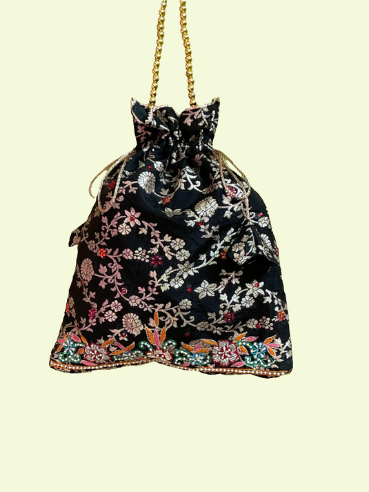 Black broket Aari hand Embroidered Potli Bag with Multicolor Floral Detailing