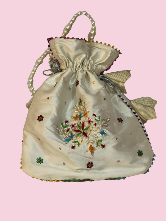 Cream Aari hand Embroidered Potli Bag with Multicolor Floral Detailing