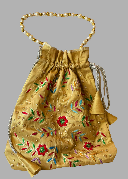 Golden Aari hand Embroidered Potli Bag with Multicolor Floral Detailing