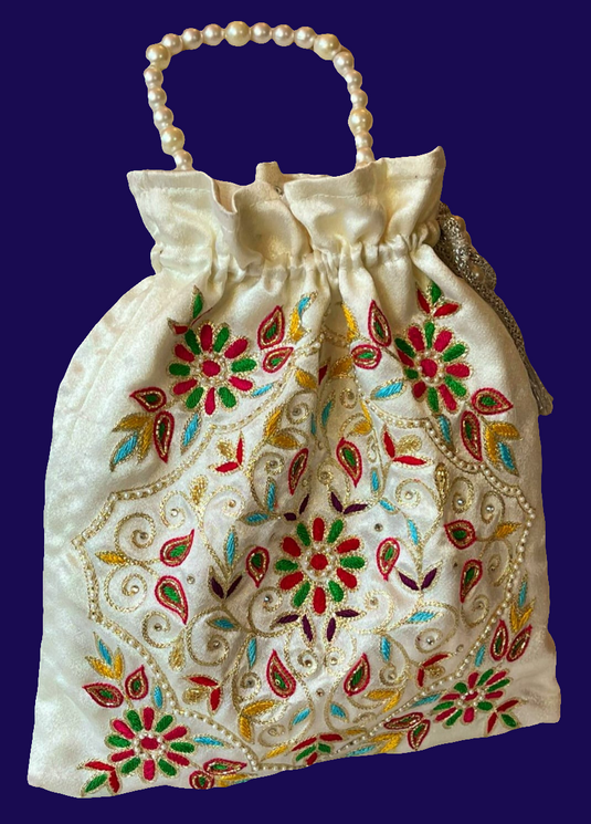 Cream Aari hand Embroidered Potli Bag with Multicolor Floral Detailing