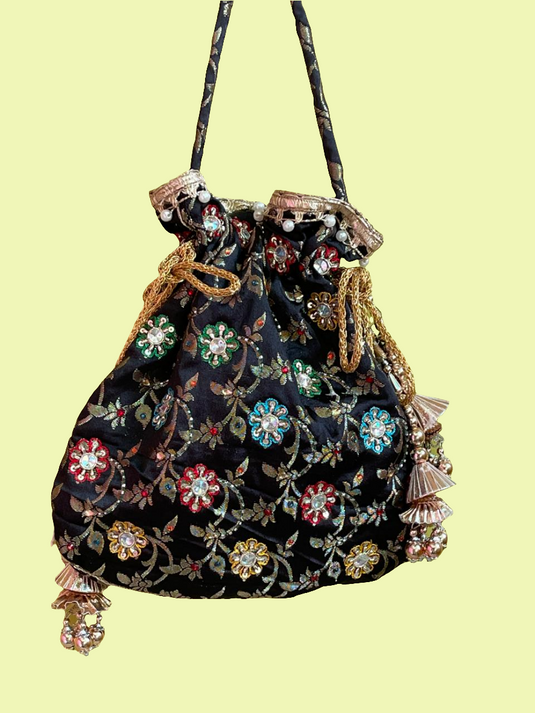Black broket Aari hand Embroidered Potli Bag with Multicolor Floral Detailing