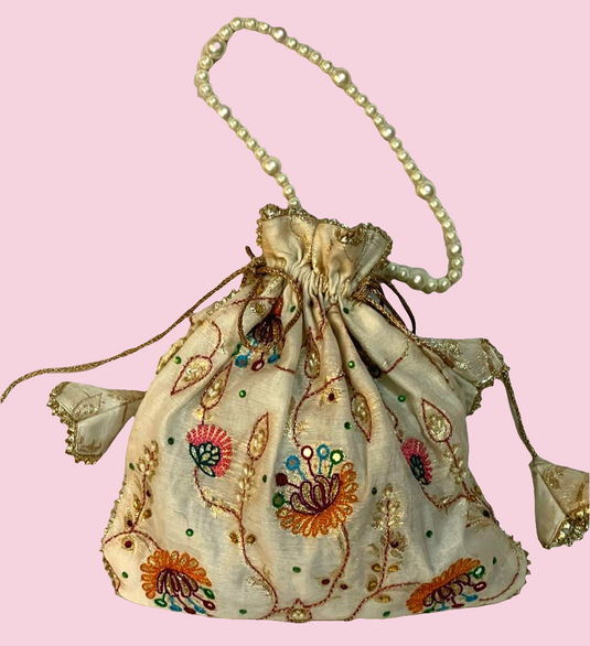 Cream Aari hand Embroidered Potli Bag with Multicolor Floral Detailing