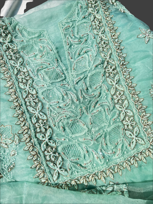 Elegant turquoise green aari chikankari hand Embroidery Suit Ready to ship