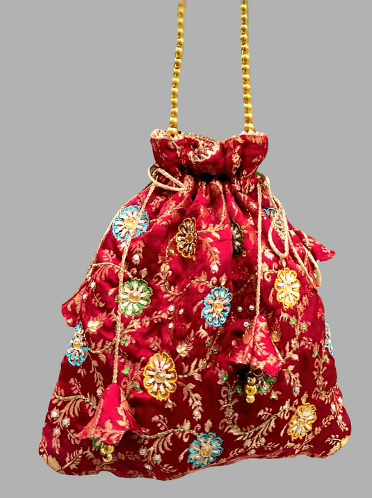 Red broket Aari hand Embroidered Potli Bag with Multicolor Floral Detailing - Similar available