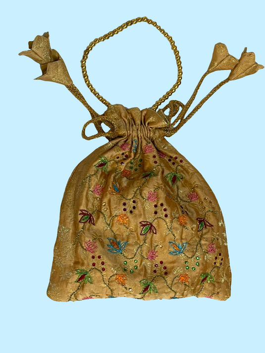 Golden Aari hand Embroidered Potli Bag with Multicolor Floral Detailing