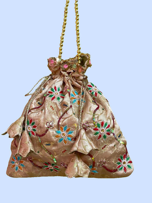 Golden Aari hand Embroidered Potli Bag with Multicolor Floral Detailing