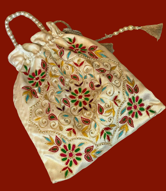 Cream Aari hand Embroidered Potli Bag with Multicolor Floral Detailing