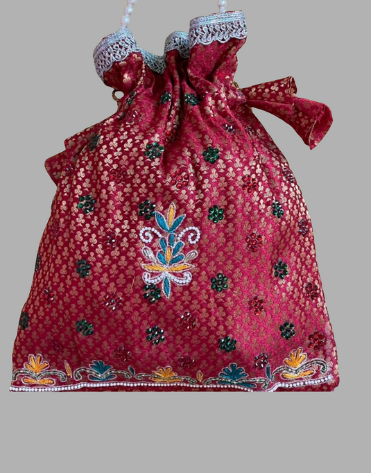 Red Embroidered Potli Bag with Multicolor Floral Detailing