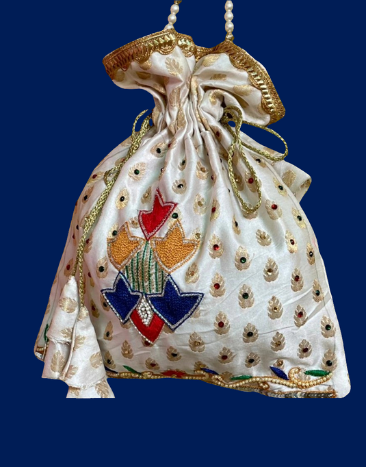 White Embroidered Potli Bag with Pearl Handle