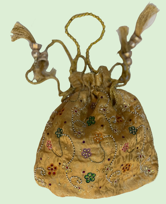 Golden Aari hand Embroidered Potli Bag with Multicolor Floral Detailing