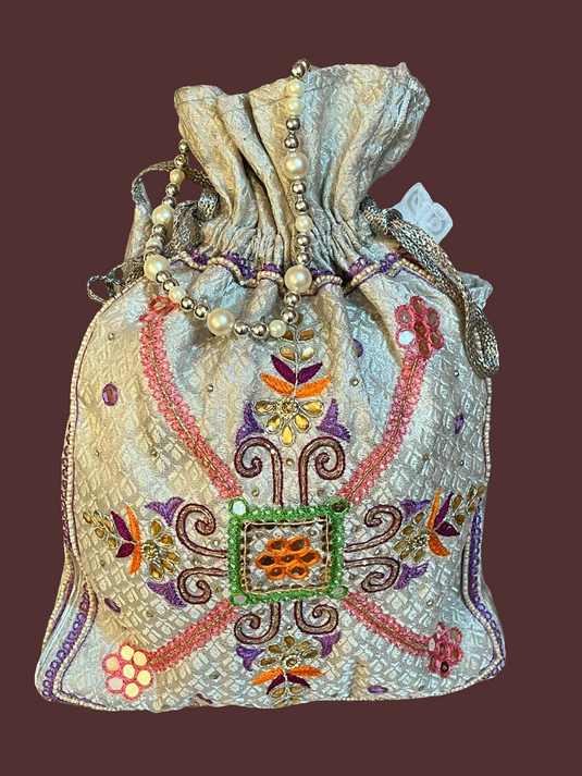 Silver Aari hand Embroidered Potli Bag with Multicolor Floral Detailing