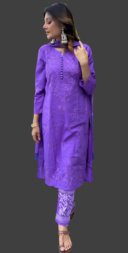 Chikankari Cotton Kurti Pant with dupatta