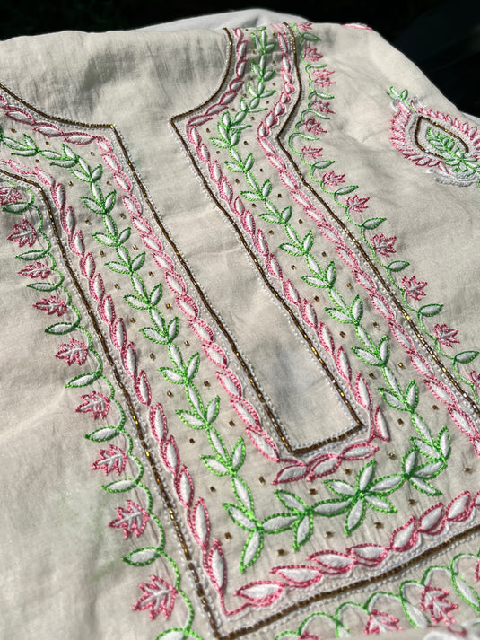 Elegant cream aari chikankari hand Embroidery Suit Ready to ship