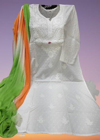 Chikankari mulmul white kurti trousre set with Tiranga dupatta