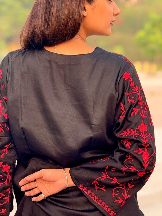 Red on black - Hand embroidery Cotton coord set