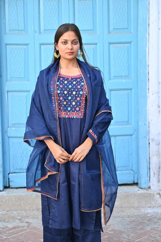 Navy Blue Hand-Embroidered Suit with Dupatta