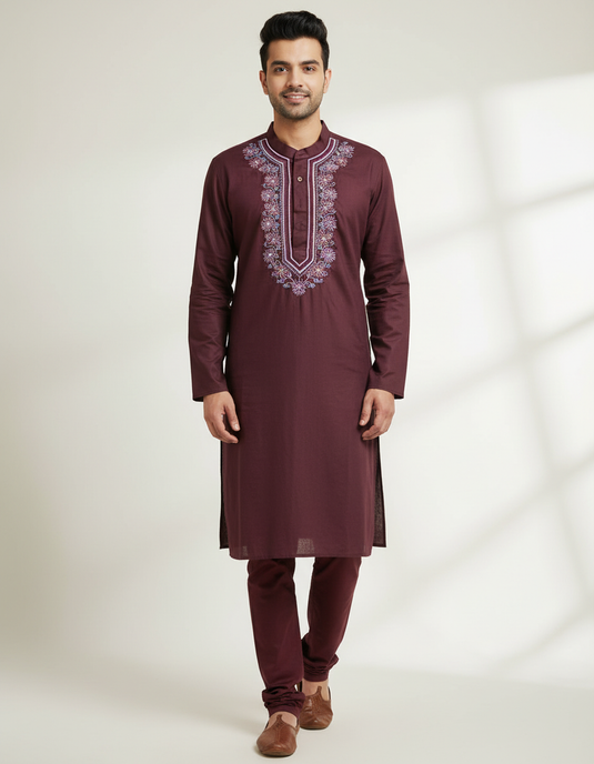 Men's coke color Co ord set hand Embroidered Aari work