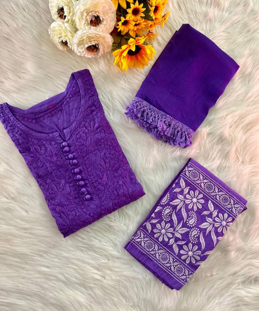 Chikankari Cotton Kurti Pant with dupatta