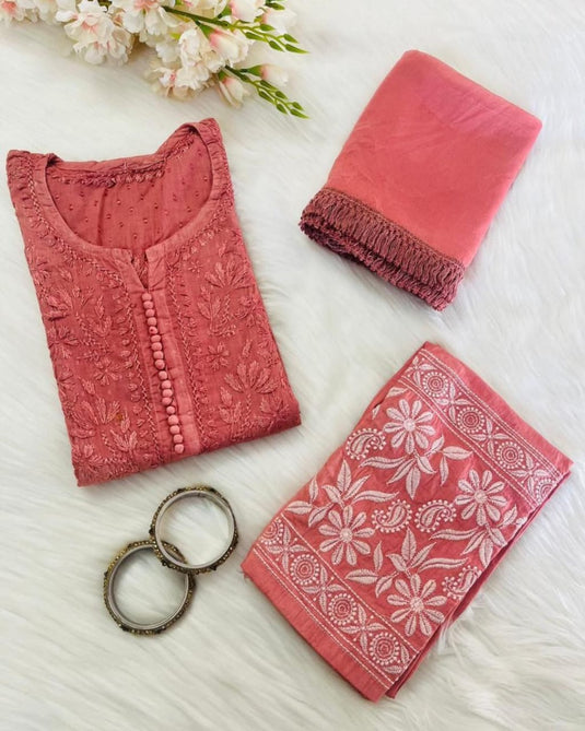 Chikankari Cotton Kurti Pant with dupatta