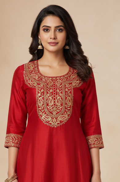 Pretty cherry red Aari zari hand Embroidery Suit