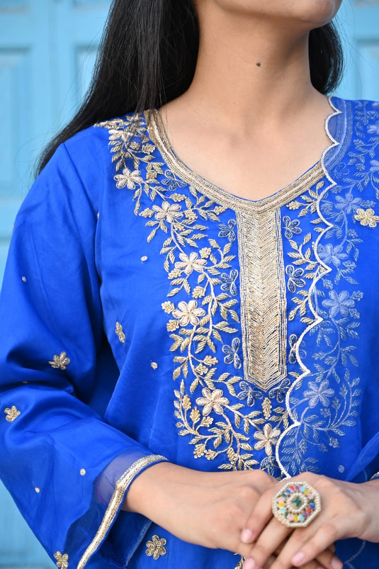 Women’s Royal Blue Suit with Golden Embroidery and Dupatta