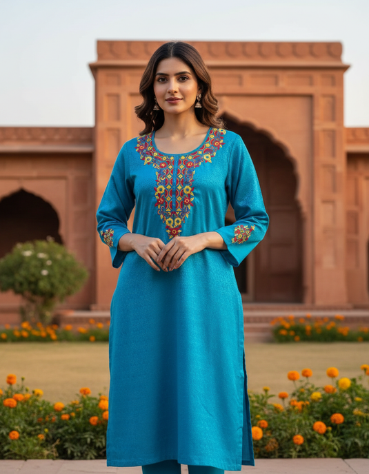 Women’s Blue Kurti with Designer Neckline & Resham Aari Embroidery