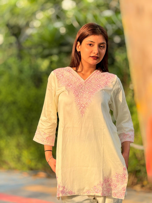 Pink Aari hand embroidery on cream - Cotton coord set