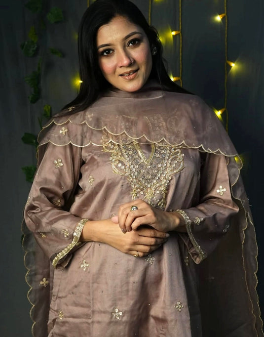 Women’s Mauve Aari Zari Embroidered Suit with Dupatta