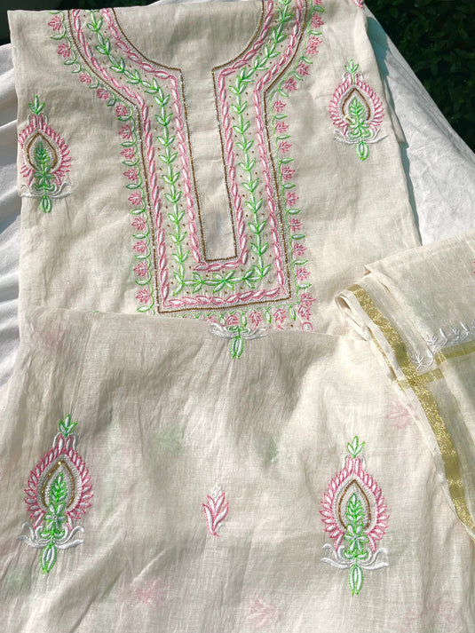 Elegant cream aari chikankari hand Embroidery Suit Ready to ship