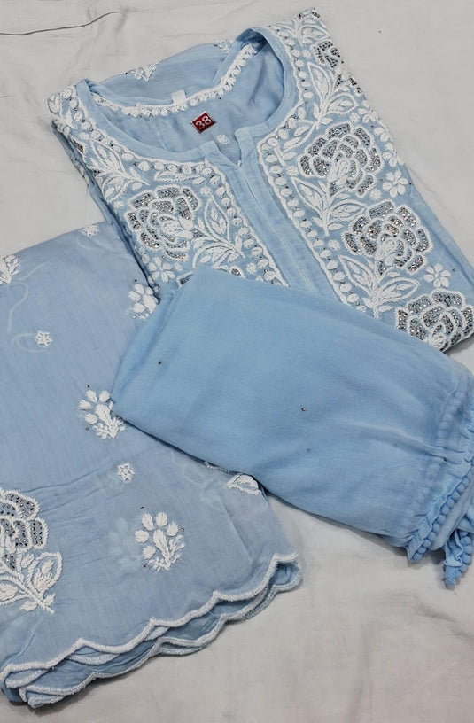 Muslin chikankari kurti plazo dupatta set : Ready to ship