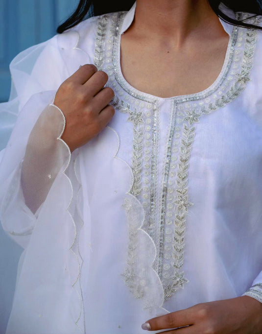 Women’s White Suit Set with Dupatta and Subtle Embroidery