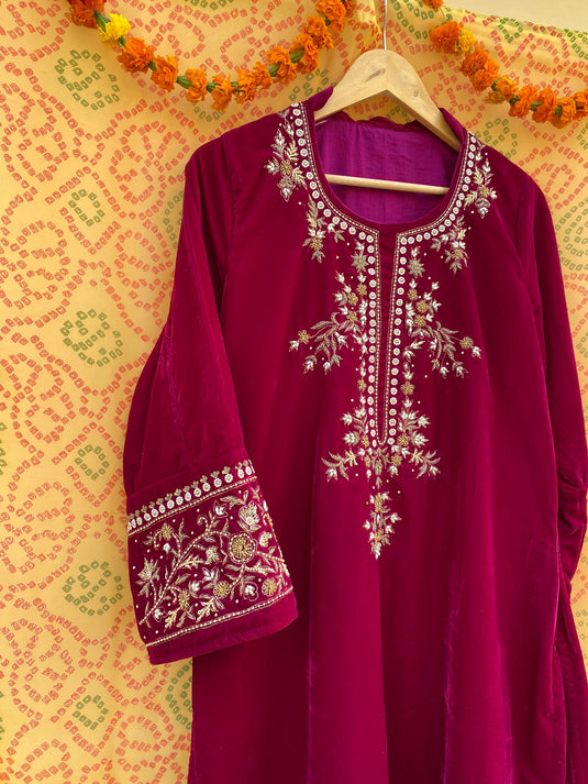 Velvet hot pink zari Aari hand embroidered outfit