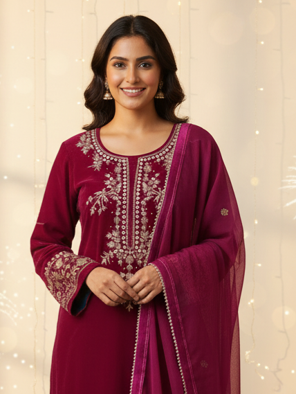 Velvet hot pink zari Aari hand embroidered outfit