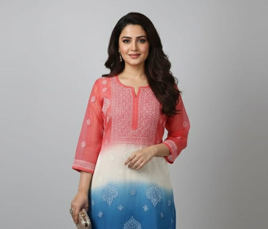 Chikankari multicolor organza long kurti - similar available Ready to Ship